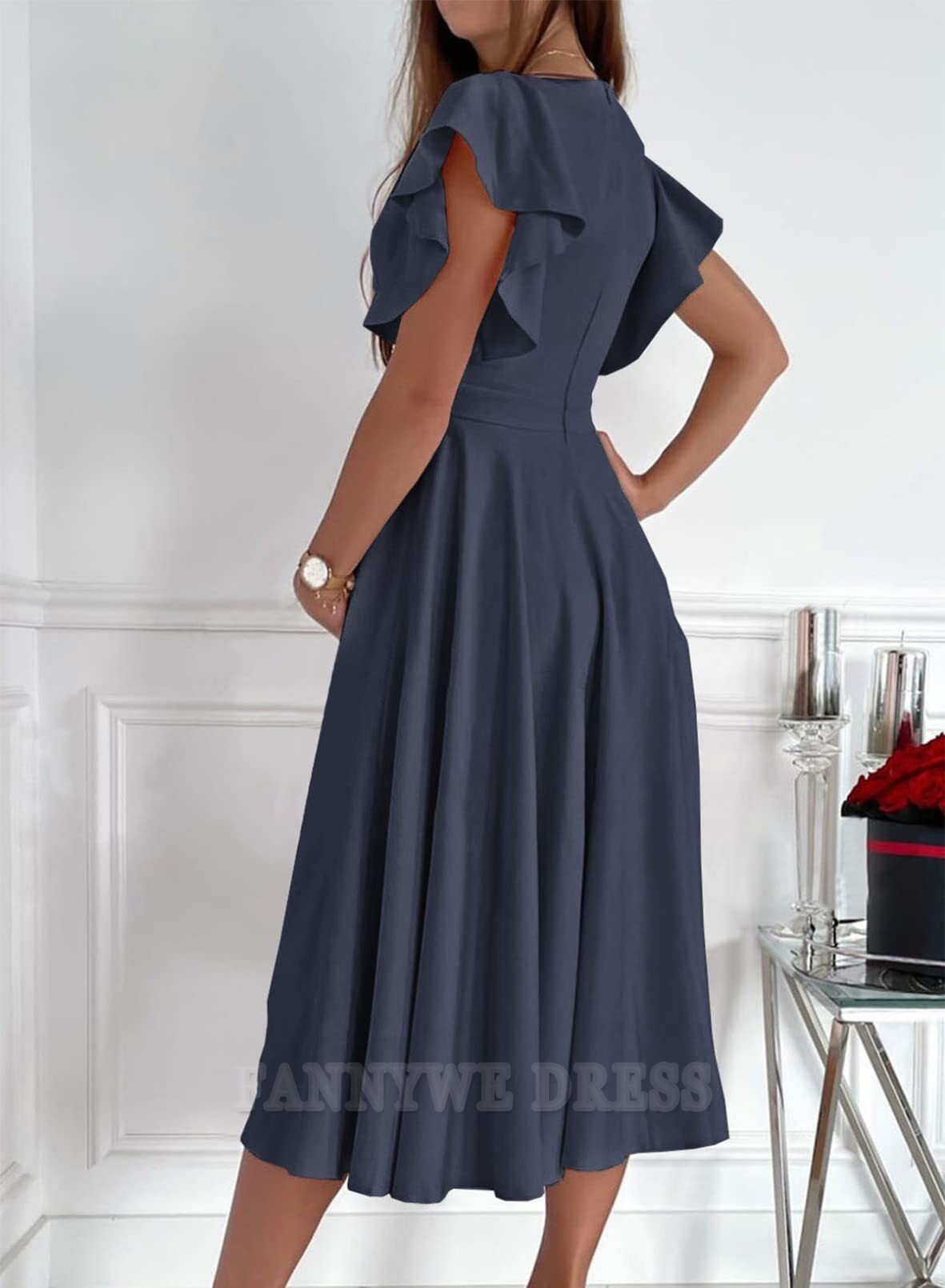 Vestido formal elegante de manga corta con escote en V y corte A para dama de honor, vestido de noche, vestido de fiesta